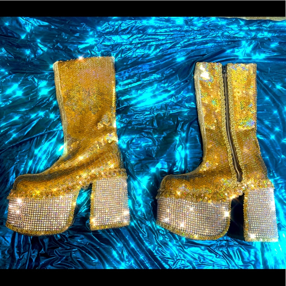 Swarovski platform AB stones with gold hologram sequence. 60s platforms